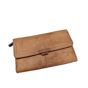 Fossil Brown Leather Clutch Wallet With Snap & Zipper Closures‎ Multiple Pockets